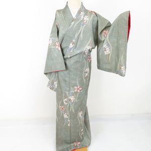 Komon dyed pongee cherry blossoms Fujibun Pure silk gray green lined lined lined lined lined collar casual kimono 159cm beautiful goods