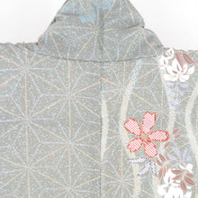 Load image into Gallery viewer, Komon dyed pongee cherry blossoms Fujibun Pure silk gray green lined lined lined lined lined collar casual kimono 159cm beautiful goods