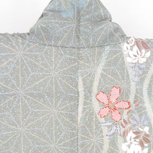 Komon dyed pongee cherry blossoms Fujibun Pure silk gray green lined lined lined lined lined collar casual kimono 159cm beautiful goods