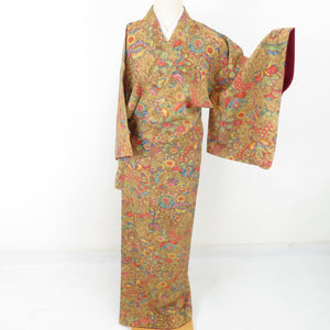 Komonhana Aquarium Bun Pure Silk Brown Lined Lined Lined Contact Casual Tailoring Kimono 159cm