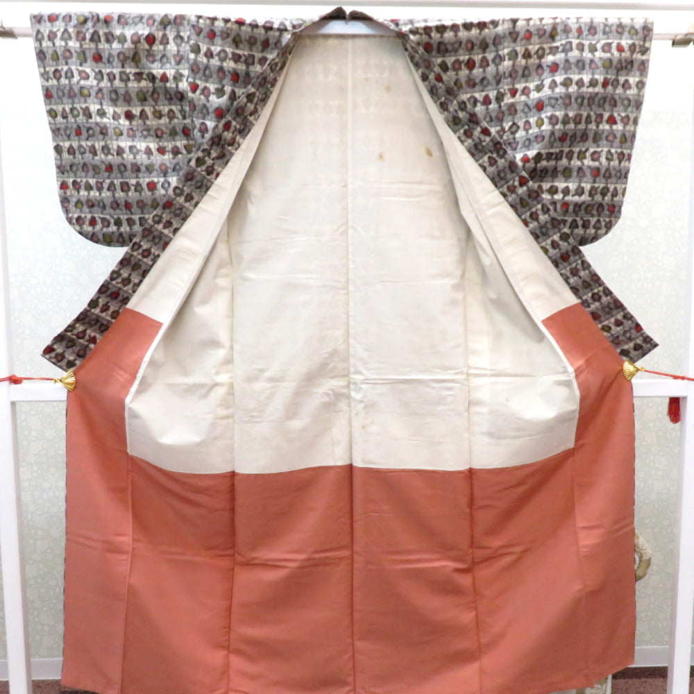 その他着物 アンティーク 銘仙 昔着物 袷 バチ衿 グレー 白 赤
