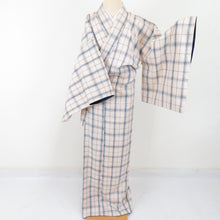 Load image into Gallery viewer, Tsumugi Kimono lattice lined collar beige color pure silk casual kimono tailoring