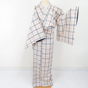 Tsumugi Kimono lattice lined collar beige color pure silk casual kimono tailoring