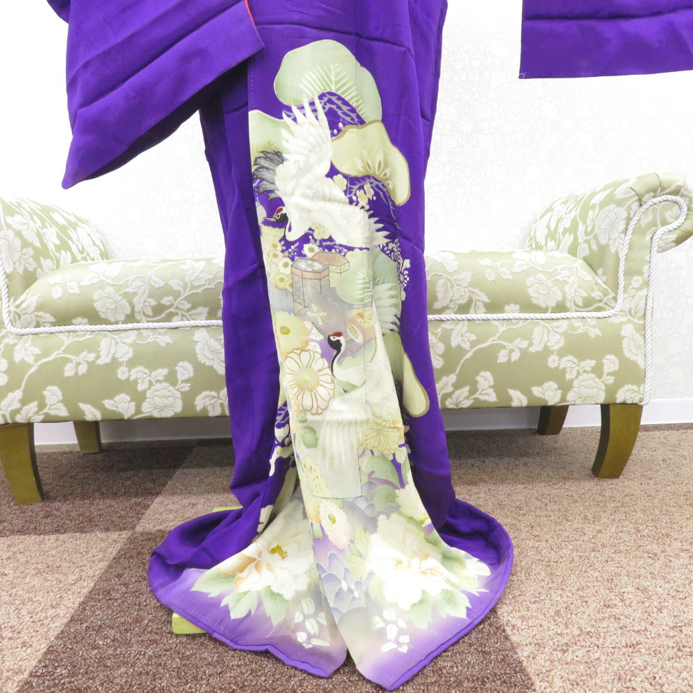 色留袖 両褄 昔 アンティーク 昔着物 紫 白 多色 貝桶 鶴 宝模様 花々