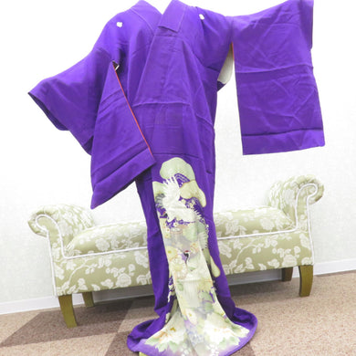 色留袖 両褄 昔 アンティーク 昔着物 紫 白 多色 貝桶 鶴 宝模様 花々 広衿 正絹 昔きもの レトロ 明治・大正ロマン  身丈151.5cm