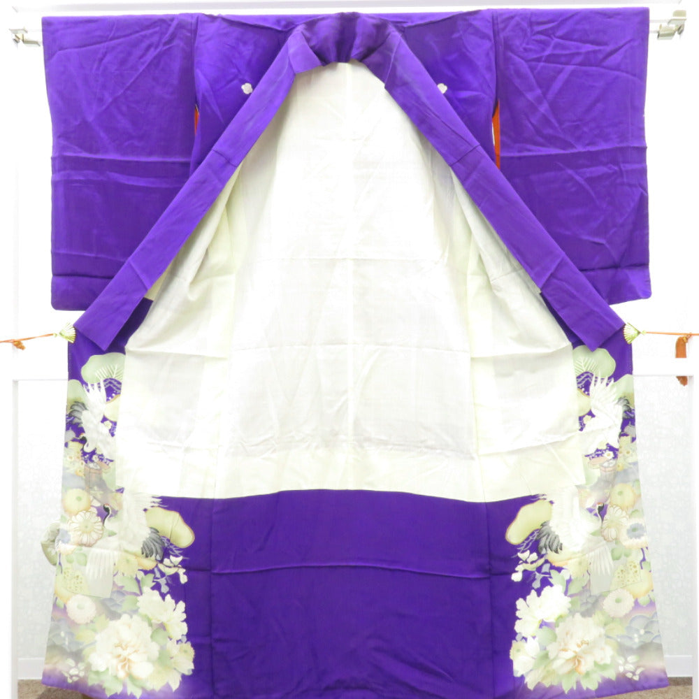 色留袖 両褄 昔 アンティーク 昔着物 紫 白 多色 貝桶 鶴 宝模様 花々 広衿 正絹 昔きもの レトロ 明治・大正ロマン  身丈151.5cm 【キモノオフ野々市若松店】 色留袖 両褄 昔 アンティーク 昔着物 紫 白 多色 貝桶 鶴 宝模様 花々