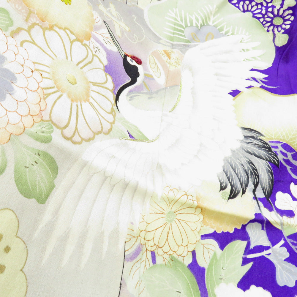 色留袖 両褄 昔 アンティーク 昔着物 紫 白 多色 貝桶 鶴 宝模様 花々 