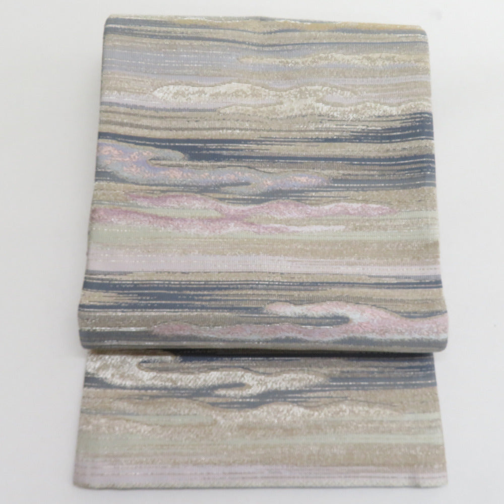 袋帯 双全通撚金華山 正絹 モール織り リバーシブル 高級 銀糸 グレー