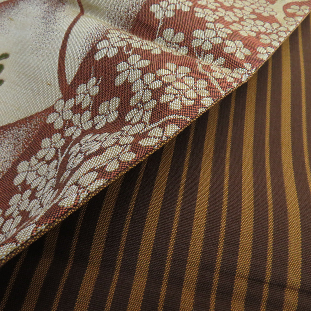 袋帯 洒落袋帯 菱に花模様 絹 茶色x緑色 全通柄 仕立て上がり 着物帯