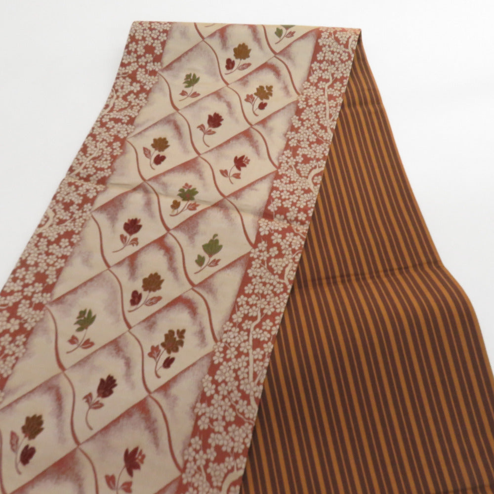 袋帯 洒落袋帯 菱に花模様 絹 茶色ｘ緑色 全通柄 仕立て上がり 着物帯 長さ432cm 【キモノオフ野々市若松店】 袋帯 洒落袋帯 菱に花模様 絹 茶色x緑色 全通柄 仕立て上がり 着物帯