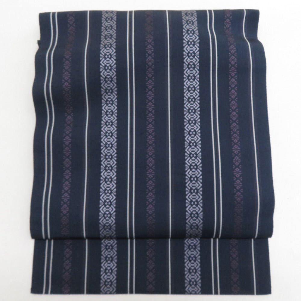 名古屋帯 博多織 正絹 紺色ｘ紫色ｘ灰色 献上柄 全通柄 カジュアル 仕立て上がり 着物帯 長さ371cm 【キモノオフ野々市若松店】 名古屋帯 博多織 正絹 紺色x紫色x灰色 献上柄 全通柄 カジュアル