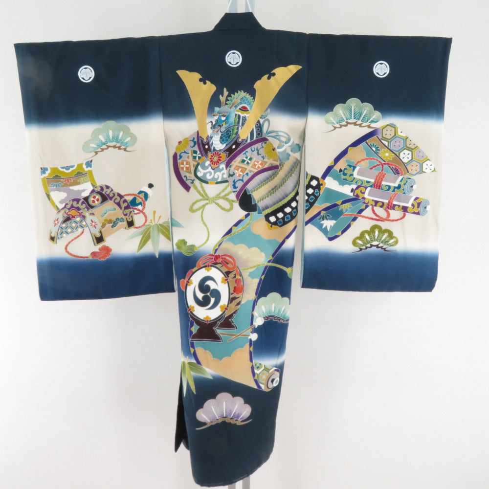 子供着物 男の子用 子供きもの 襦袢付 一つ身 紺色xベージュ色 兜柄