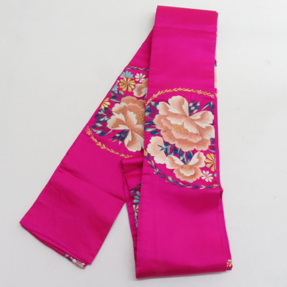 半幅帯 アンティーク 絹 日本刺繍 希少 花柄 ピンクxベージュx