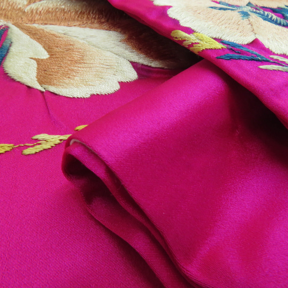 半幅帯 アンティーク 絹 日本刺繍 希少 花柄 ピンクxベージュx青