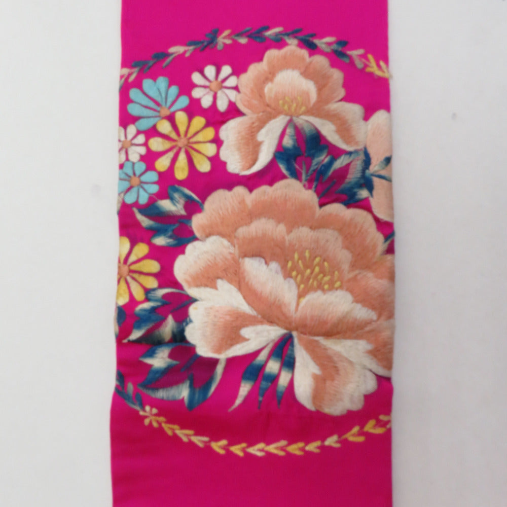 半幅帯 アンティーク 絹 日本刺繍 希少 花柄 ピンクxベージュx