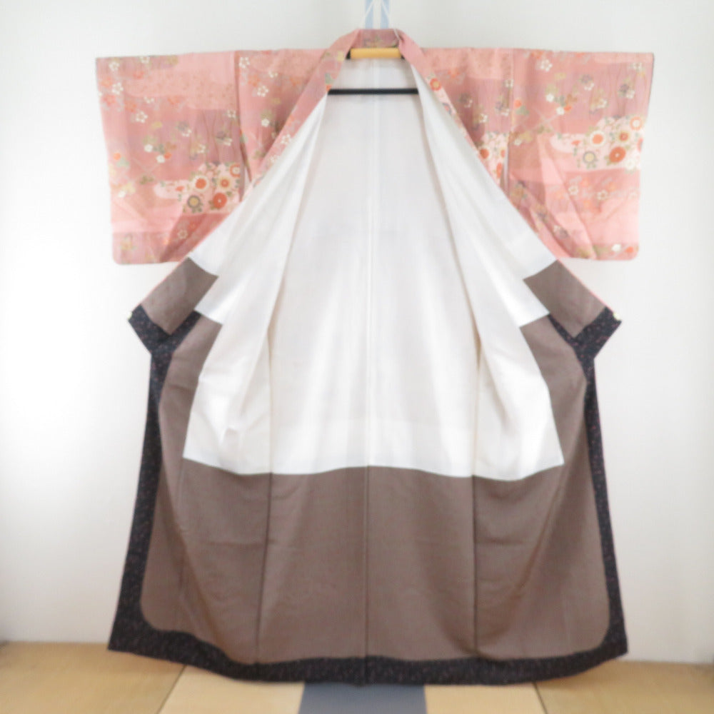 小紋 くすみピンクｘ多色 小花に霞模様 正絹 袷 広衿 仕立て上がり着物 身丈158cm 【キモノオフ野々市若松店】 小紋 くすみピンクx多色 小花に霞模様 正絹 袷 広衿 仕立て上がり着物