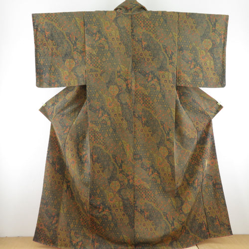 Komonarasa Komon Saisa Traditional Craftsman Keiho Aoki With the Renaign Sluts Lined Collar Brown Green Silk Casual Casual Kimono Tailor