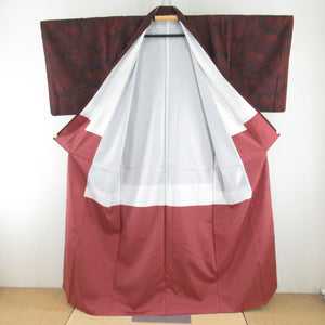 紬 着物 黒色ｘ赤色 高波模様 袷 広衿 正絹 仕立て上がり着物 身丈159cm