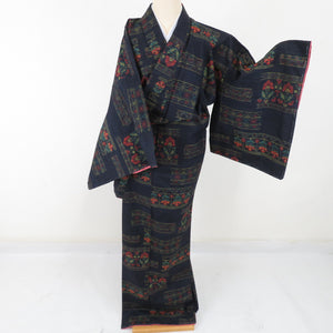 Tsumugi Kimono Flower Aquarium Public Lined Collar Black Black Black Black Pure Silk Casual Casual Kimono Tailor