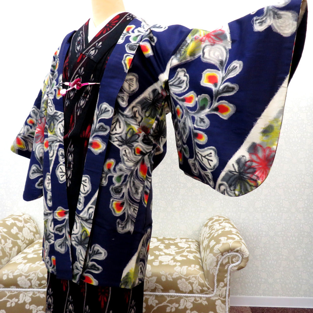 羽織 銘仙 アンティーク 昔羽織 長羽織 正絹 紺 墨色 マルチカラー