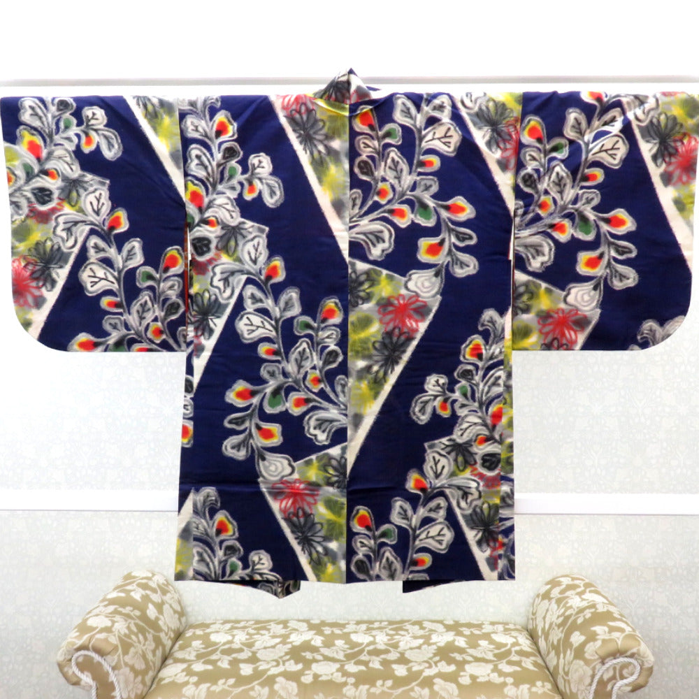 羽織 銘仙 アンティーク 昔羽織 長羽織 正絹 紺 墨色 マルチカラー