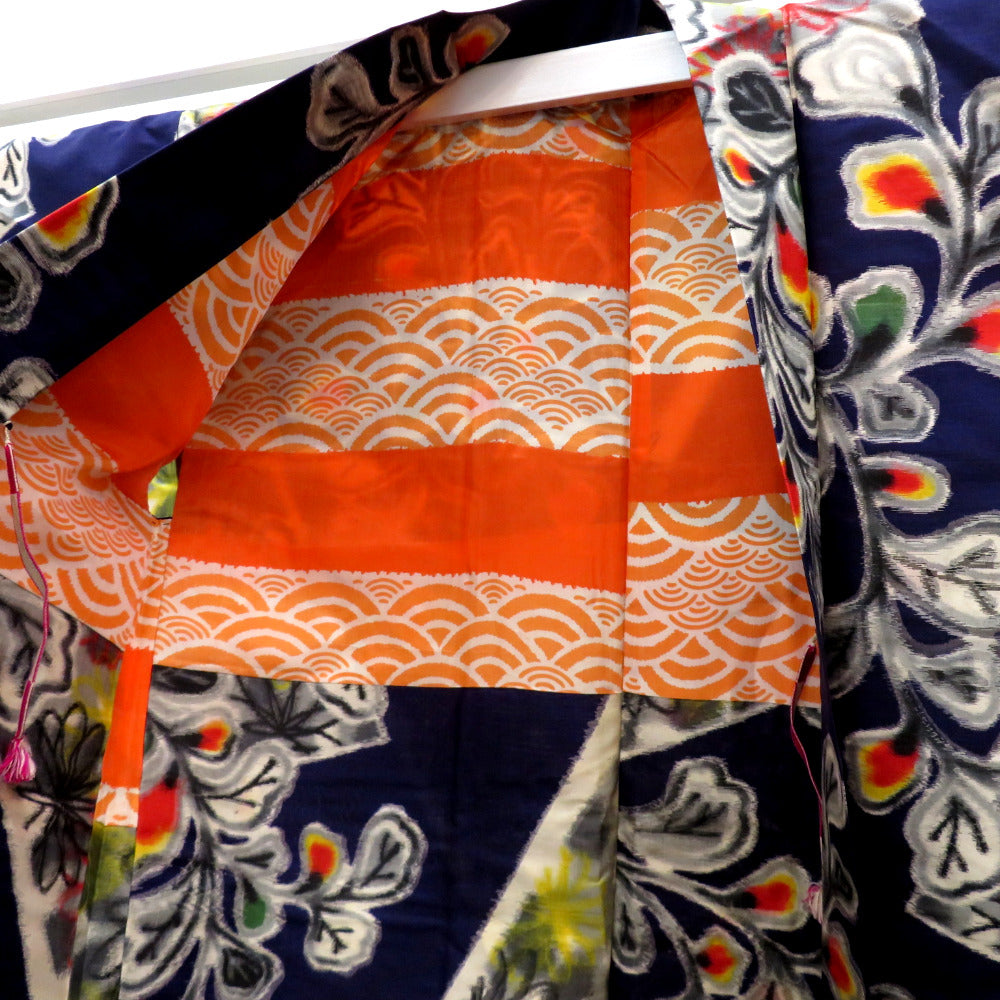 羽織 銘仙 アンティーク 昔羽織 長羽織 正絹 紺 墨色 マルチカラー