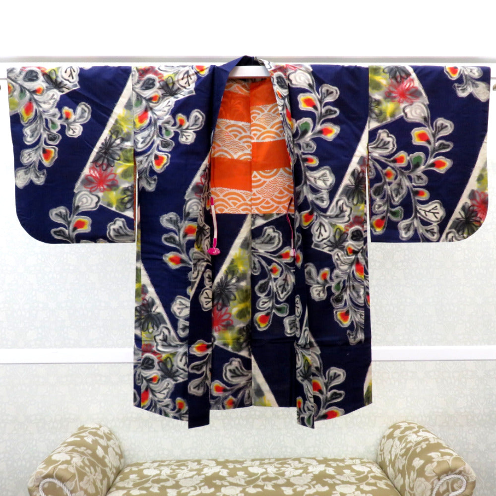 羽織 銘仙 アンティーク 昔羽織 長羽織 正絹 紺 墨色 マルチカラー