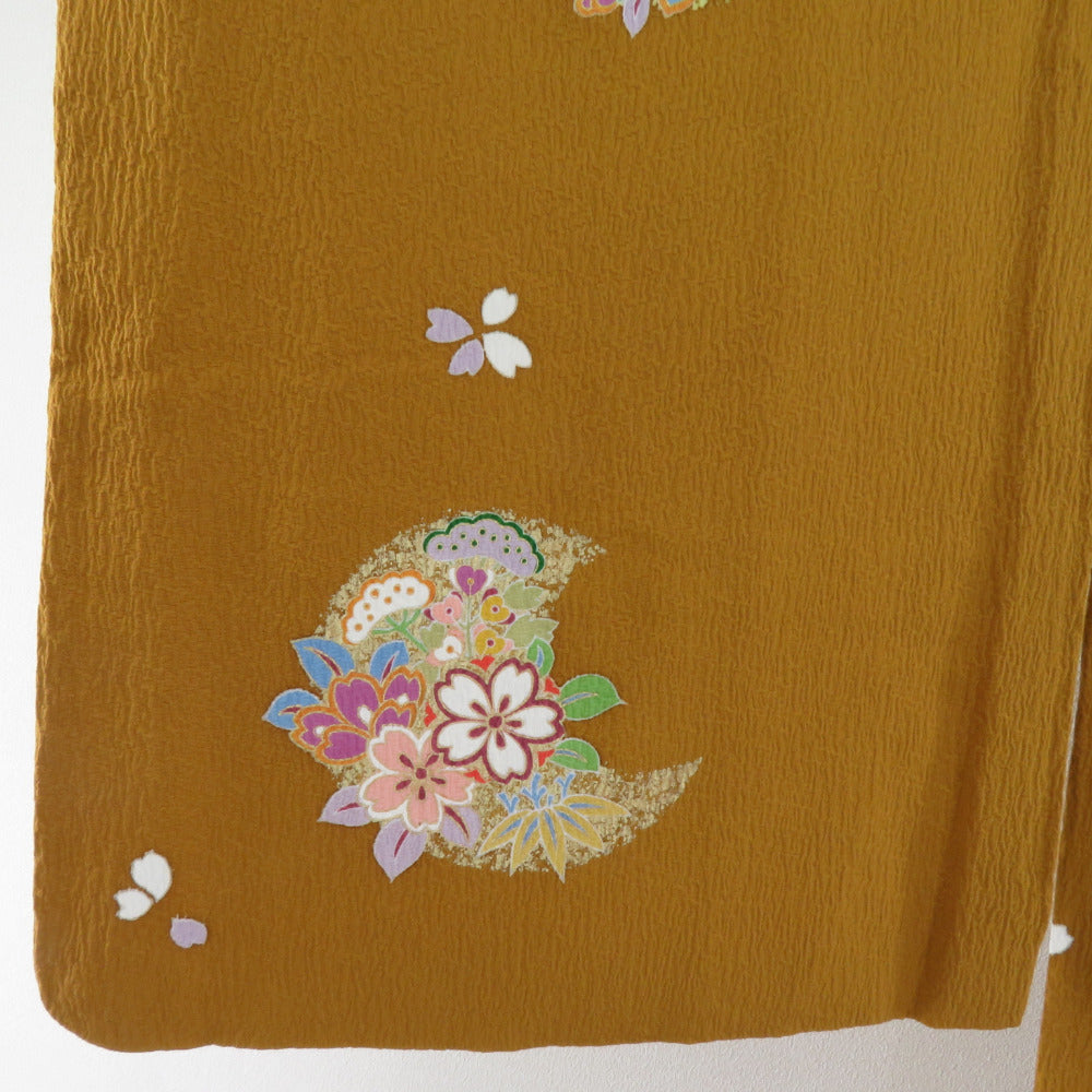 小紋 椿に桜文様 箔 袷 広衿 黄土色 正絹 カジュアル着物 仕立て上がり