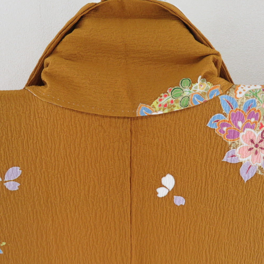 小紋 椿に桜文様 箔 袷 広衿 黄土色 正絹 カジュアル着物 仕立て上がり