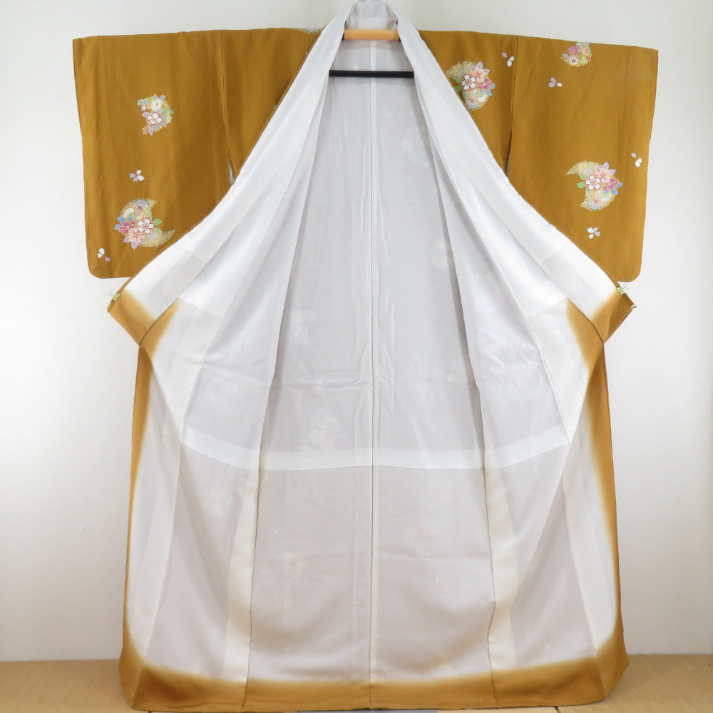 小紋 椿に桜文様 箔 袷 広衿 黄土色 正絹 カジュアル着物 仕立て上がり