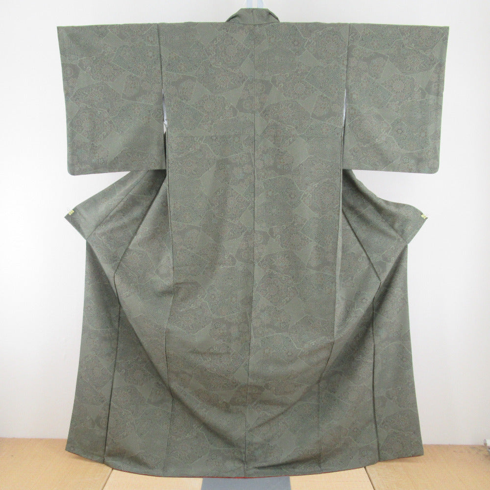 小紋 緑色ｘ黒色 縦縞に唐草花模様 正絹 広衿 仕立て上がり着物 身丈155cm 【キモノオフ野々市若松店】 小紋 緑色x黒色 縦縞に唐草花模様 正絹 広衿 仕立て上がり着物【中古