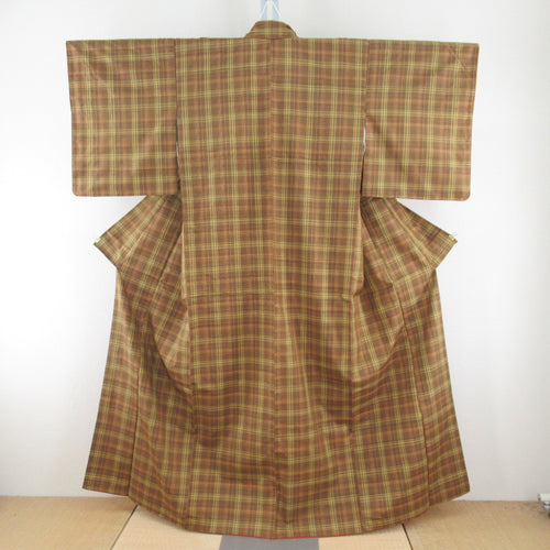 紬 着物 格子模様 辛子色ｘ黄色 袷 広衿 正絹 仕立て上がり着物 身丈158.5cm