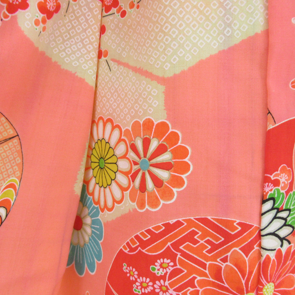子供着物 絹 紬 格子模様 黄色ｘ赤色 女児用 アンサンブル 身丈90.5cm 【キモノオフ野々市若松店】 子供着物 絹 紬 格子模様 黄色x赤色 女児用 アンサンブル【中古