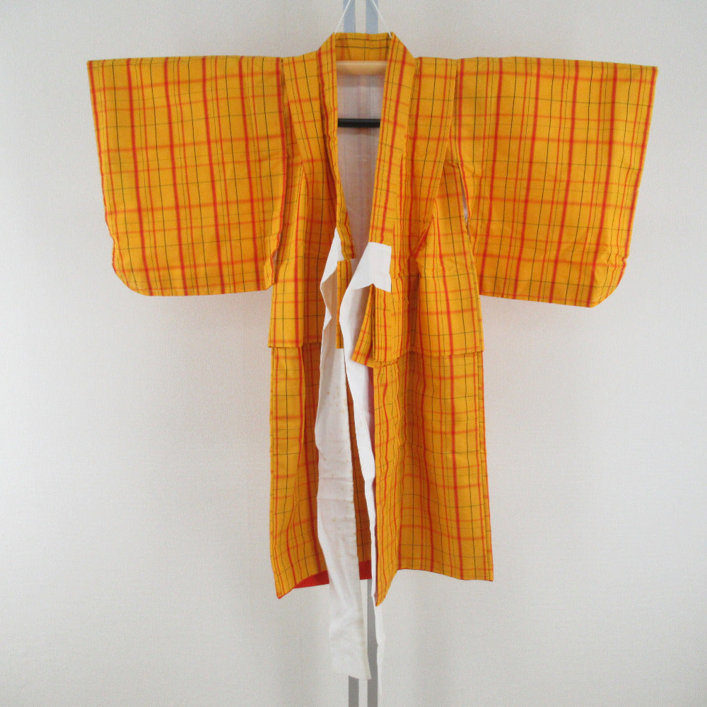 子供着物 絹 紬 格子模様 黄色x赤色 女児用 アンサンブル【中古