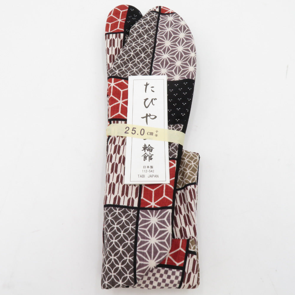 男性用 柄足袋 25.0cm 多色 裂取小紋柄 底面黒色 日本製 たびや 一輪館 綿100％ 4枚こはぜ メンズ 足袋 カジュアル