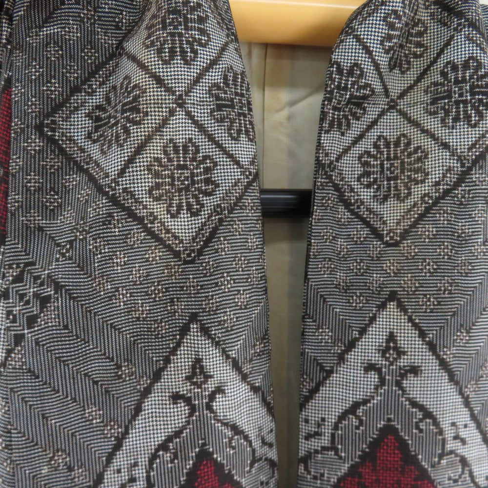 紬 着物 大島紬 龍郷柄 黒x灰色x朱色 袷 広衿 正絹 レトロ