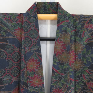 Tsumugi kimono Oshima Tsumugi with cloud removal and flowers pattern, black x navy blue x multicolor, double collar, pure silk, casual, ready-made, length 158cm