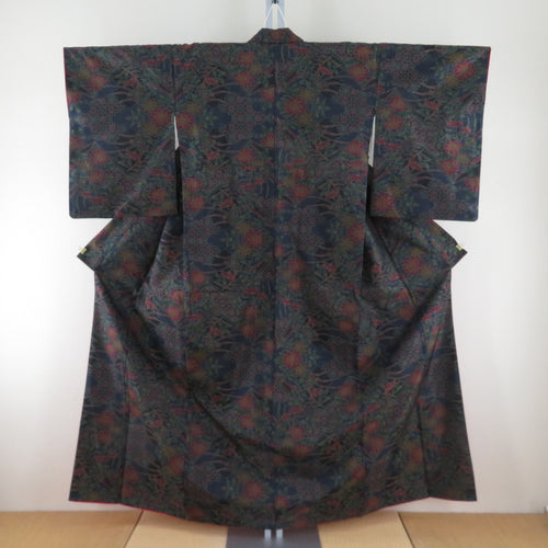 Tsumugi kimono Oshima Tsumugi with cloud removal and flowers pattern, black x navy blue x multicolor, double collar, pure silk, casual, ready-made, length 158cm