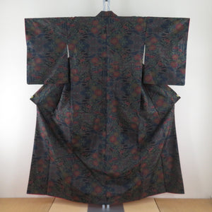 Tsumugi kimono Oshima Tsumugi with cloud removal and flowers pattern, black x navy blue x multicolor, double collar, pure silk, casual, ready-made, length 158cm
