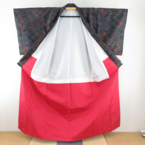 Tsumugi kimono Oshima Tsumugi with cloud removal and flowers pattern, black x navy blue x multicolor, double collar, pure silk, casual, ready-made, length 158cm