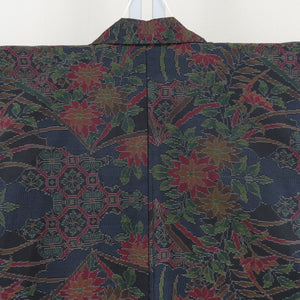 Tsumugi kimono Oshima Tsumugi with cloud removal and flowers pattern, black x navy blue x multicolor, double collar, pure silk, casual, ready-made, length 158cm