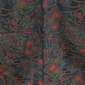 Tsumugi kimono Oshima Tsumugi with cloud removal and flowers pattern, black x navy blue x multicolor, double collar, pure silk, casual, ready-made, length 158cm