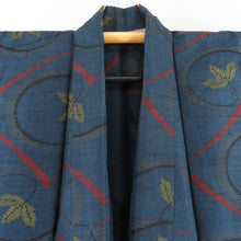 Load image into Gallery viewer, Tsumugi kimono branch pattern navy blue x red x yellow x black single-layered bat collar silk ready-made kimono length 158cm