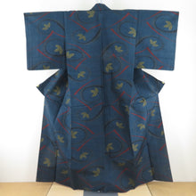 Load image into Gallery viewer, Tsumugi kimono branch pattern navy blue x red x yellow x black single-layered bat collar silk ready-made kimono length 158cm