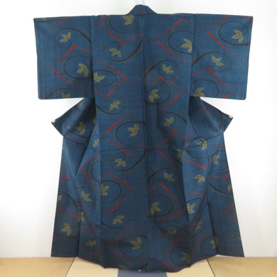 紬 着物 枝模様 紺色ｘ赤色ｘ黄色ｘ黒色 単衣 バチ衿 絹 仕立て上がり着物 身丈158cm