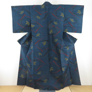 Tsumugi kimono branch pattern navy blue x red x yellow x black single-layered bat collar silk ready-made kimono length 158cm