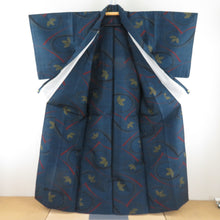 Load image into Gallery viewer, Tsumugi kimono branch pattern navy blue x red x yellow x black single-layered bat collar silk ready-made kimono length 158cm