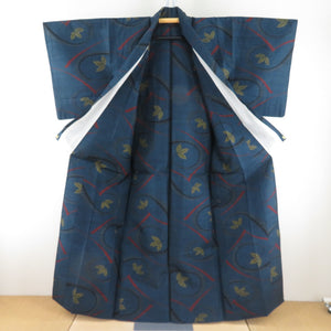 Tsumugi kimono branch pattern navy blue x red x yellow x black single-layered bat collar silk ready-made kimono length 158cm
