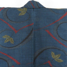 Load image into Gallery viewer, Tsumugi kimono branch pattern navy blue x red x yellow x black single-layered bat collar silk ready-made kimono length 158cm