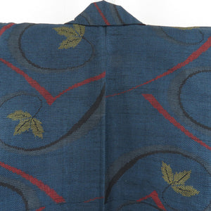 Tsumugi kimono branch pattern navy blue x red x yellow x black single-layered bat collar silk ready-made kimono length 158cm